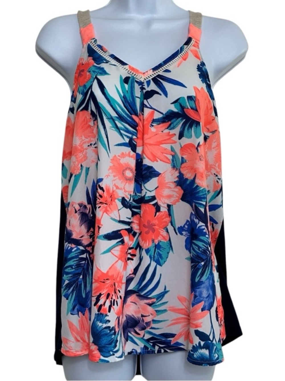 Jolt Floral Racerback Tank Top Colorful Blue Orange V Neck Junior’s Medium